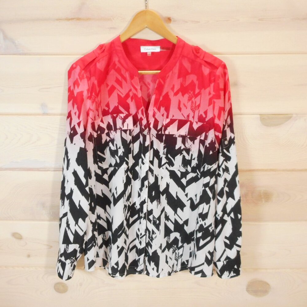 Calvin Klein Women's size L Long Sleeve Button Up Blouse Top Roll Tab Ombre